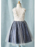 Ivory Lace Tulle Navy Blue Sequin V Neck Short Flower Girl Dress